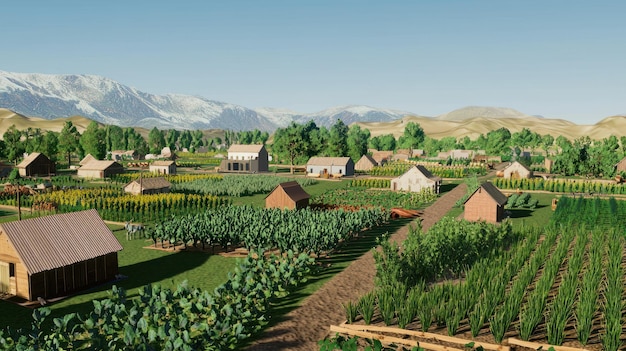Un paisaje rural sereno con granjas y montañas