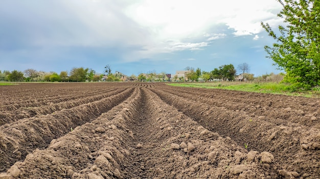 Paisaje rural. Tierra cultivable. Vistas cinematográficas de la tierra arada en el campo