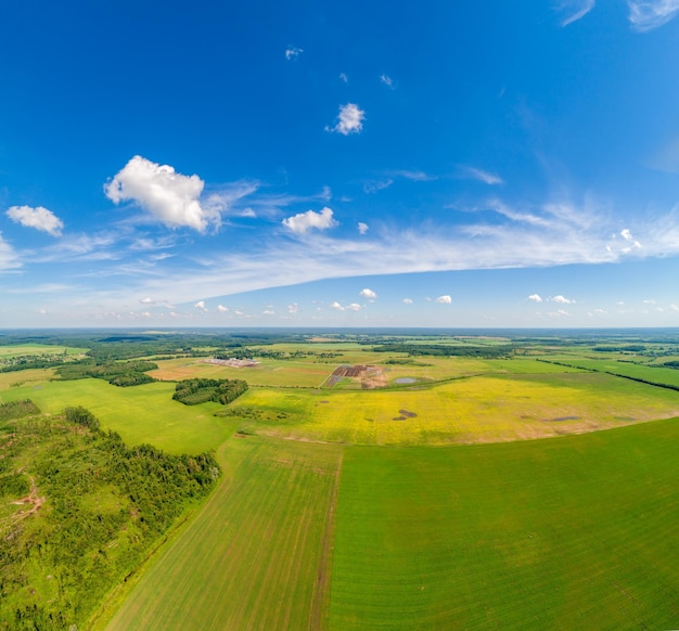 Paisaje rural de verano Vista aérea Vista de campos de trigo con hermoso cielo