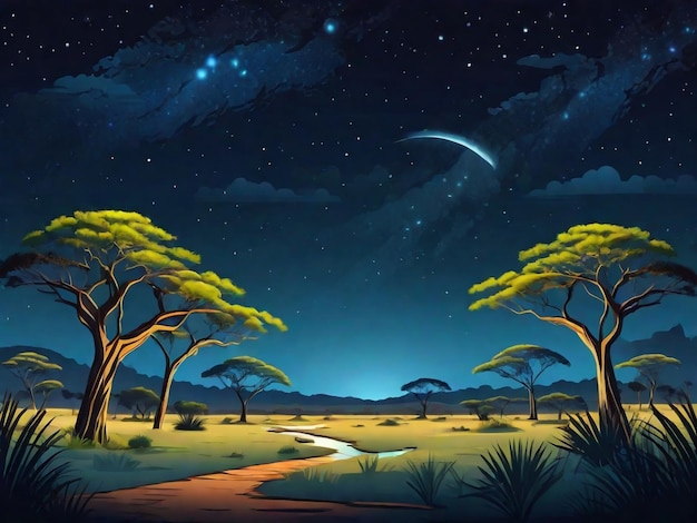 Paisaje de sabana con árboles de acacia por la noche