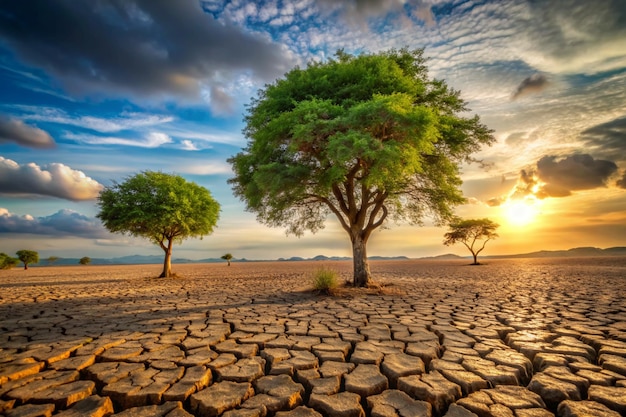 un paisaje seco y agrietado con árboles y una puesta de sol en el fondo