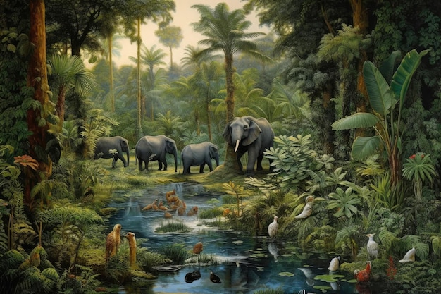 Paisaje de la selva con ilustraciones de animales salvajes