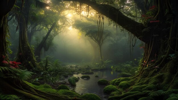 Paisaje de selva tropical con árboles y niebla