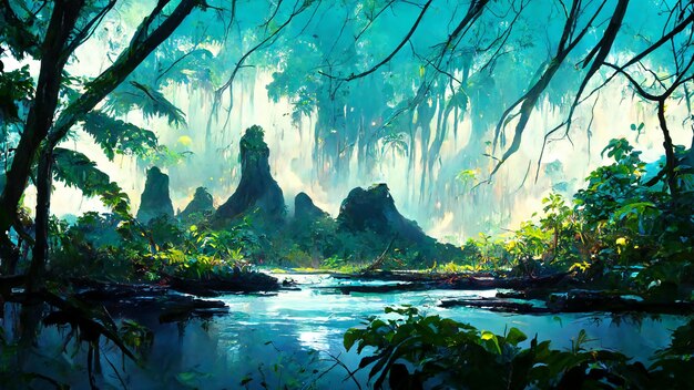 Paisaje de la selva tropical Bosque tropical en la ilustración 3D