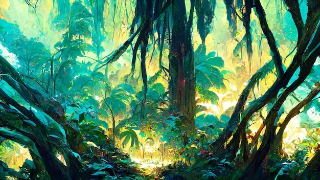 Paisaje de la selva tropical Bosque tropical en la ilustración 3D