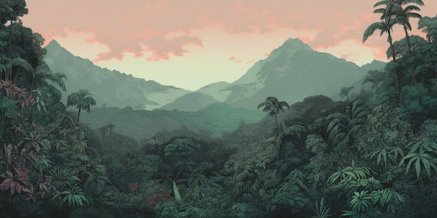 Paisaje de selva tropical con fondo de cielo pastel