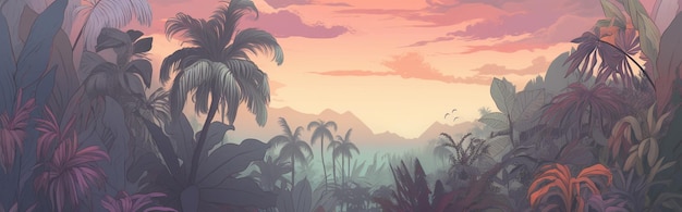 Paisaje de selva tropical con fondo de cielo pastel