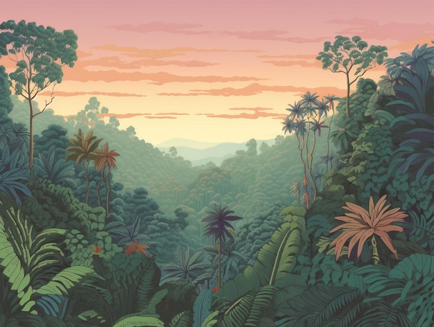 Paisaje de selva tropical con fondo de cielo pastel