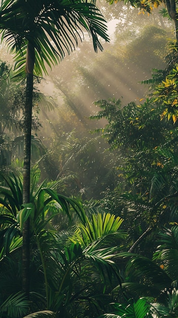 Paisaje de selva tropical con mucha vegetación y niebla