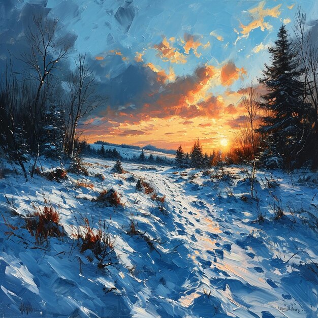 Foto paisaje con sendero cubierto de pintura al óleo de nieve