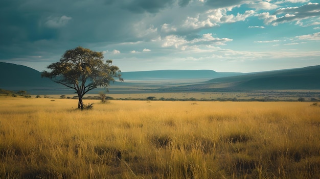 Foto paisaje sereno con un árbol solitario en un campo dorado contra montañas y un cielo temperamental perfecto para fondos y temas de naturaleza ai