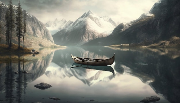 Un paisaje sereno un barco solitario en un cuerpo de agua tranquilo rodeado de majestuosas montañas