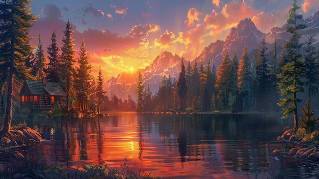 Un paisaje sereno con una cabaña aislada enclavada entre altos pinos con un lago cristalino que refleja los vibrantes colores de la puesta de sol