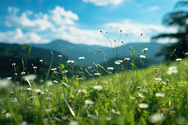 Paisaje sereno de colinas verdes y campos de hierba llenos de polen Fotógrafo de la naturaleza IA generativa