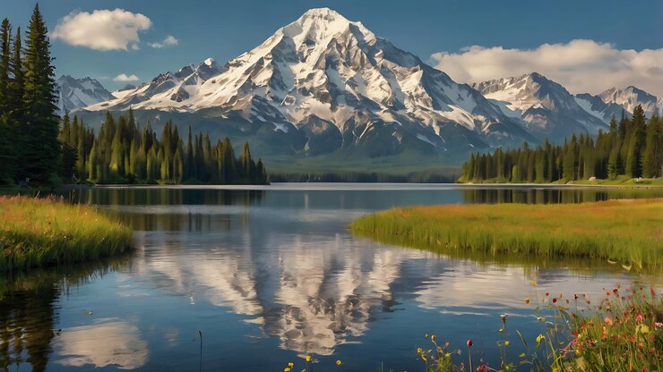 Un paisaje sereno e impresionante con una majestuosa cadena montañosa con nieve