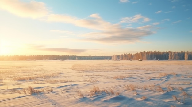 Paisaje sereno de invierno Campo de nieve blanca al atardecer en la Finlandia rural
