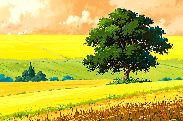 Paisaje sereno con un majestuoso árbol en medio de vibrantes campos amarillos
