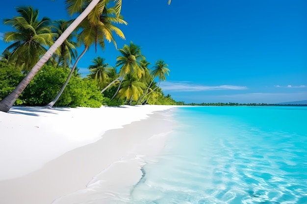 Paisaje sereno de las Maldivas Agua turquesa cristalina playa de arena blanca prístina y palmeras