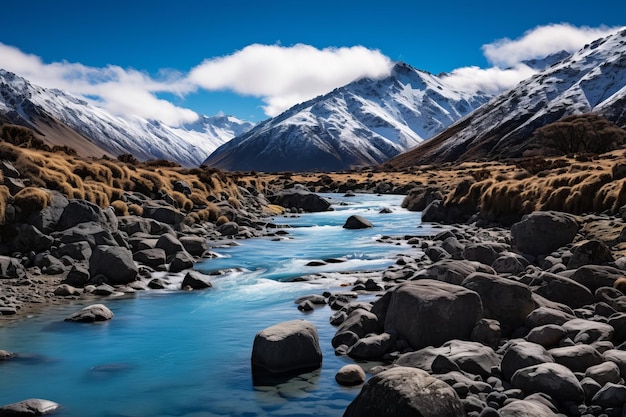 Un paisaje sereno de las montañas alpinas con un cielo azul claro y el reflejo de agua cristalina