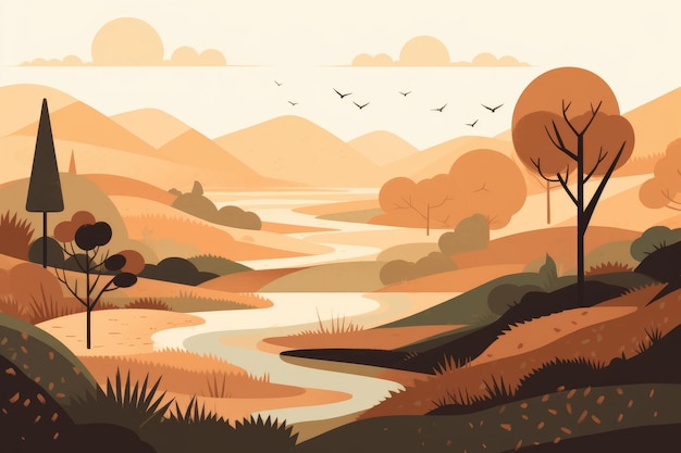 Un paisaje sereno de montañas y colinas representado en una ilustración minimalista Colores suaves y apagados