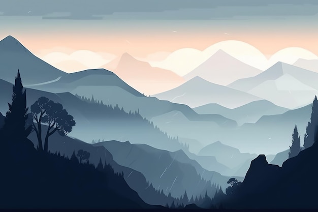 Un paisaje sereno de montañas y colinas representado en una ilustración minimalista Colores suaves y apagados