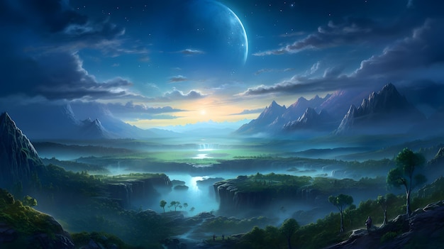 Paisaje sereno de montañas iluminadas por la luna con un majestuoso río impresionante obra maestra de la IA generativa