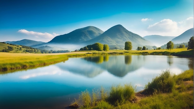 Un paisaje sereno presenta un lago en primer plano con un campo cubierto de hierba y montañas en el fondo.