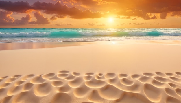 Un paisaje sereno de la puesta de sol en la playa con un cielo nublado y olas tranquilas del océano en la distancia creando una atmósfera pacífica y relajante