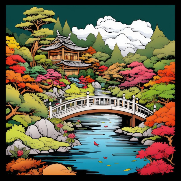 El paisaje sereno del templo, el deslumbrante multicolor, el libro para colorear de un hermoso jardín japonés con Utamaro Ki.