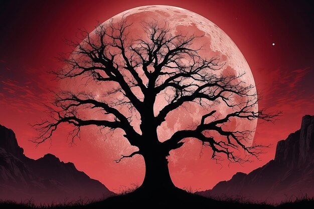 Paisaje con silueta de árbol viejo contra un cielo rojo iluminado por la luna