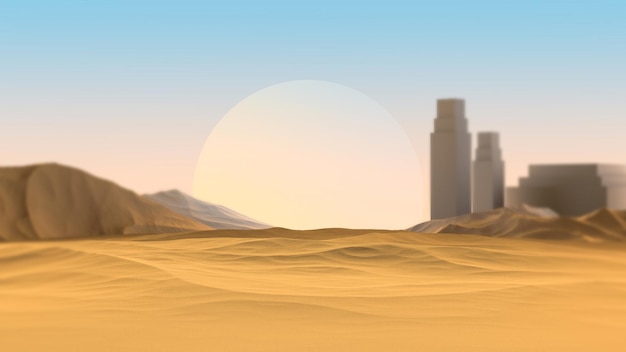 Paisaje de skyfi del desierto Montañas futuristas desenfoque en el desierto en el fondo de los edificios y el planeta Espacio abstracto desierto 3D render