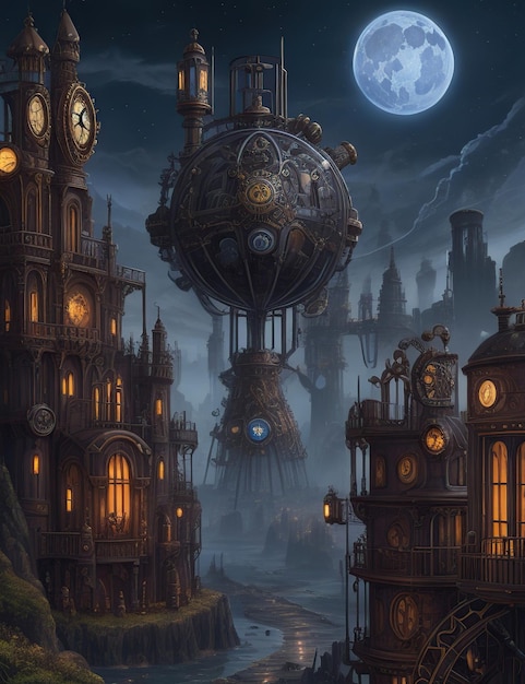 Paisaje steampunk iluminado por una luna azul y cielos oscuros con torre del reloj