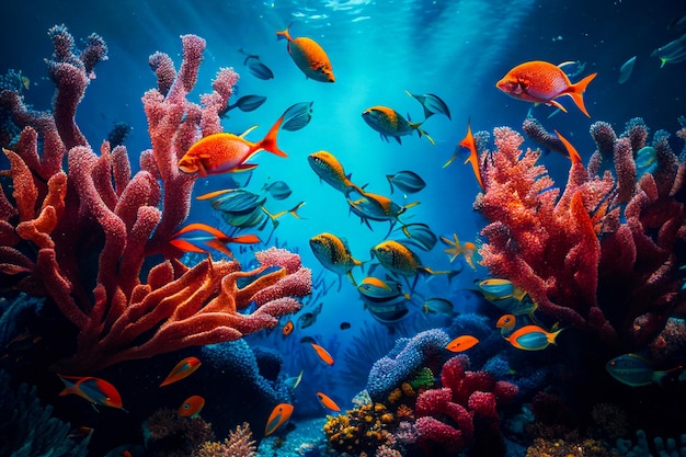 Paisaje submarino de arrecifes marinos con peces tropicales, corales, estrellas rojas y fondo de dibujos animados de esponjas. Mundo de la laguna azul o acuario con animales coloridos y rayos de sol.