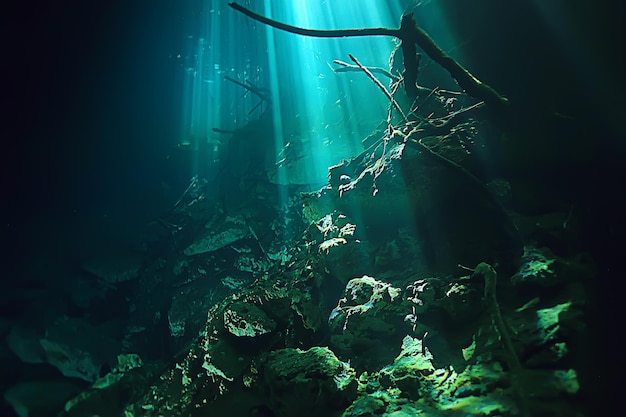 paisaje submarino mexico, cenotes buceando rayos de luz bajo el agua, fondo de buceo en cuevas