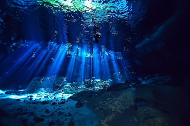 paisaje submarino méxico, cenotes buceando rayos de luz bajo el agua, fondo de buceo en cuevas