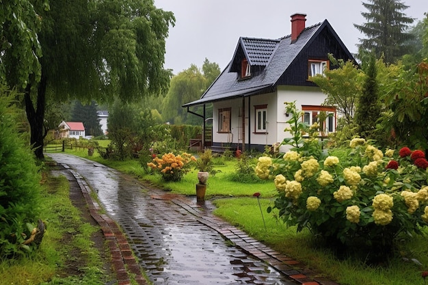 Paisaje suburbano con casa de campo bajo la lluvia