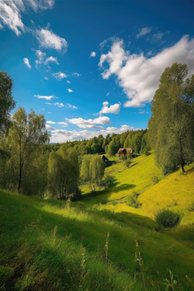 Paisaje en suecia con cielo azul y árboles verdes creado con ai generativo
