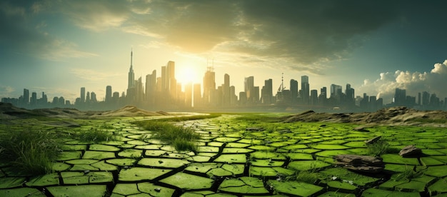 Paisaje de suelo agrietado y ciudad moderna en el fondo al atardecer