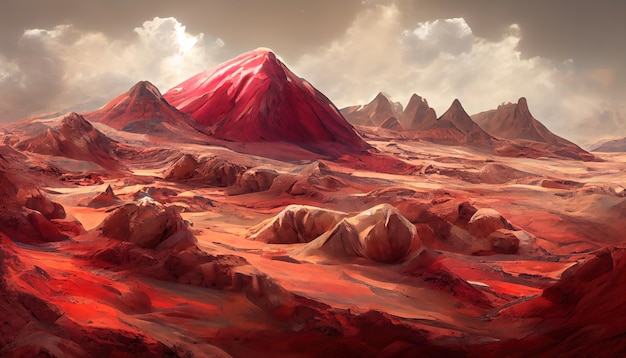 El paisaje en la superficie del planeta Marte es un desierto pintoresco en el planeta rojo Fondo del póster de la portada del juego espacial con estrellas de las montañas de la tierra roja ilustraciones en 3d