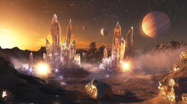 Un paisaje surrealista con altas formaciones cristalinas brillantes en primer plano un planeta rojo en el fondo y un cielo estrellado