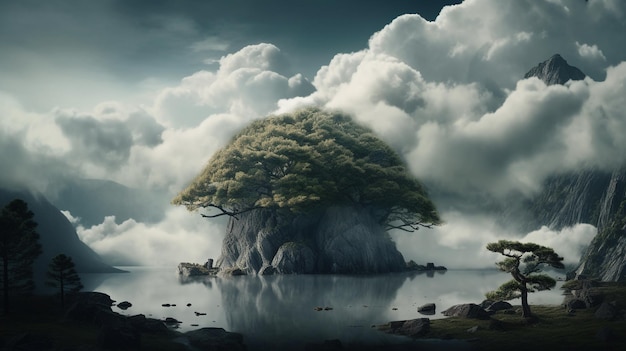 Un paisaje surrealista con un árbol encima de una roca y nubes