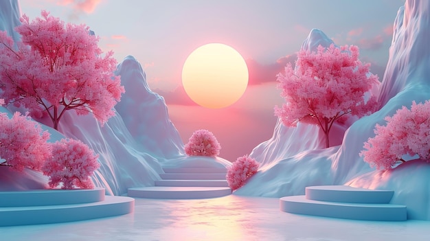 Paisaje surrealista con árboles rosados y agua IA generativa