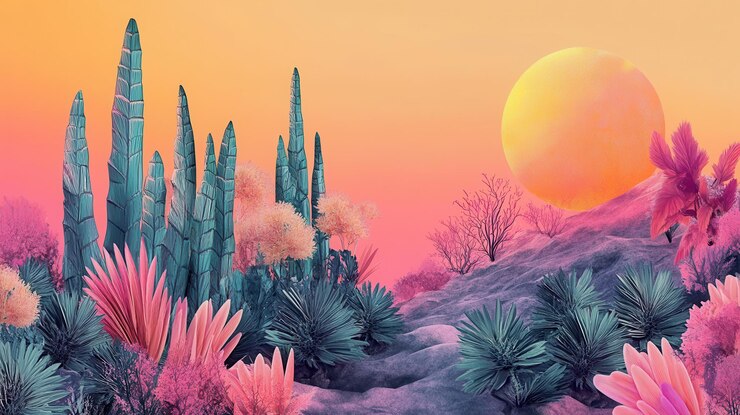 Paisaje surrealista del atardecer con una flora vibrante