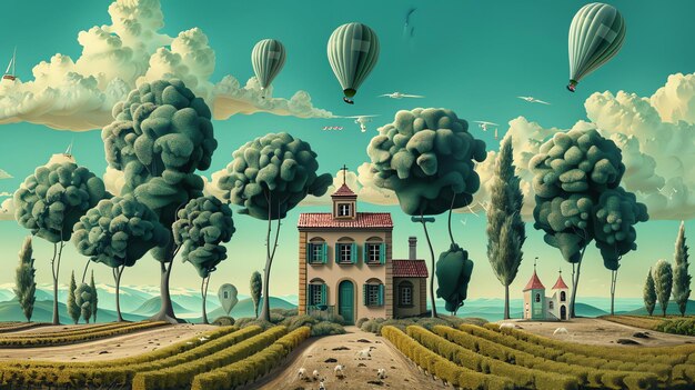 Paisaje surrealista con una casa en el medio La casa está rodeada de árboles y hay montañas en el fondo