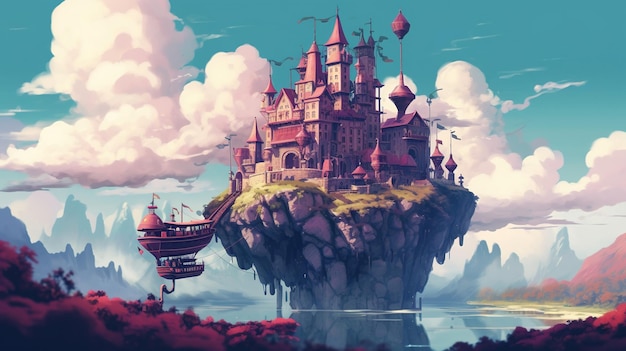 Un paisaje surrealista con un castillo flotante Concepto de fantasía Ilustración pintura IA generativa