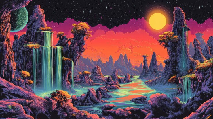 Paisaje surrealista Cataratas vibrantes Planeta alienígena