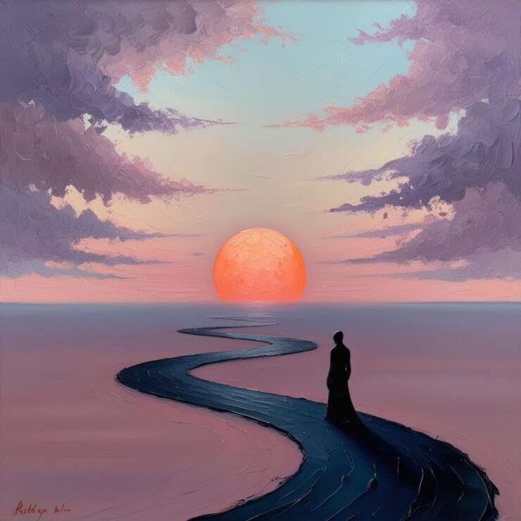 Paisaje surrealista del crepúsculo con una figura solitaria en un camino sinuoso y un sol radiante en el horizonte