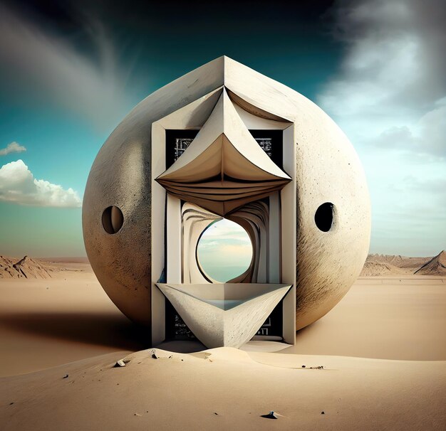 Paisaje surrealista del desierto con fantasía desconocida construcción alienígena abstracta hecha con IA generativa