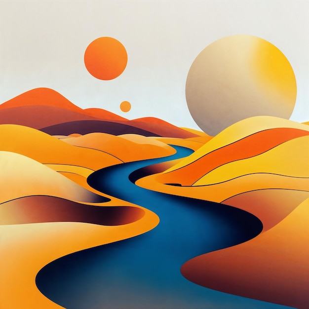 Paisaje surrealista del desierto con planetas y un río