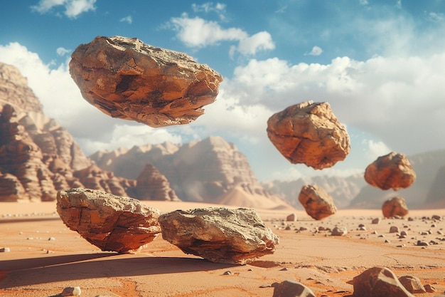 Paisaje surrealista del desierto con rocas que levitan oct